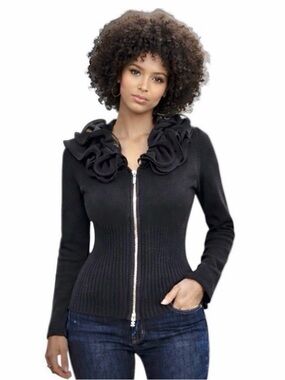 BELLDINI Black Rhinestone Zip Cardigan Marionette Ruffle Collar Womens Large